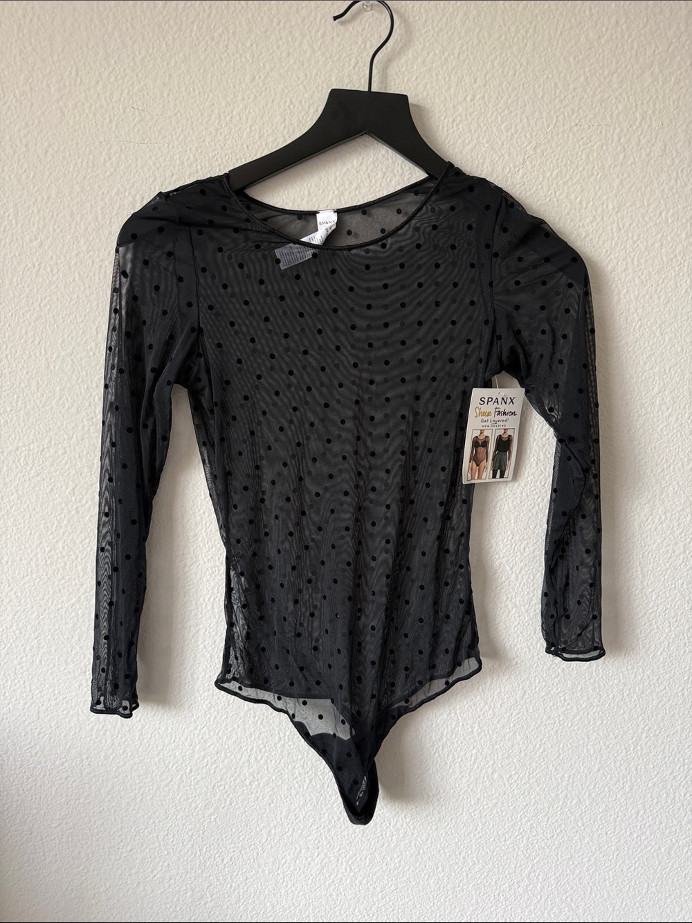 SPANX Black Polka Dot Sheer Mesh Long Sleeve Bodysuit NWT Size L